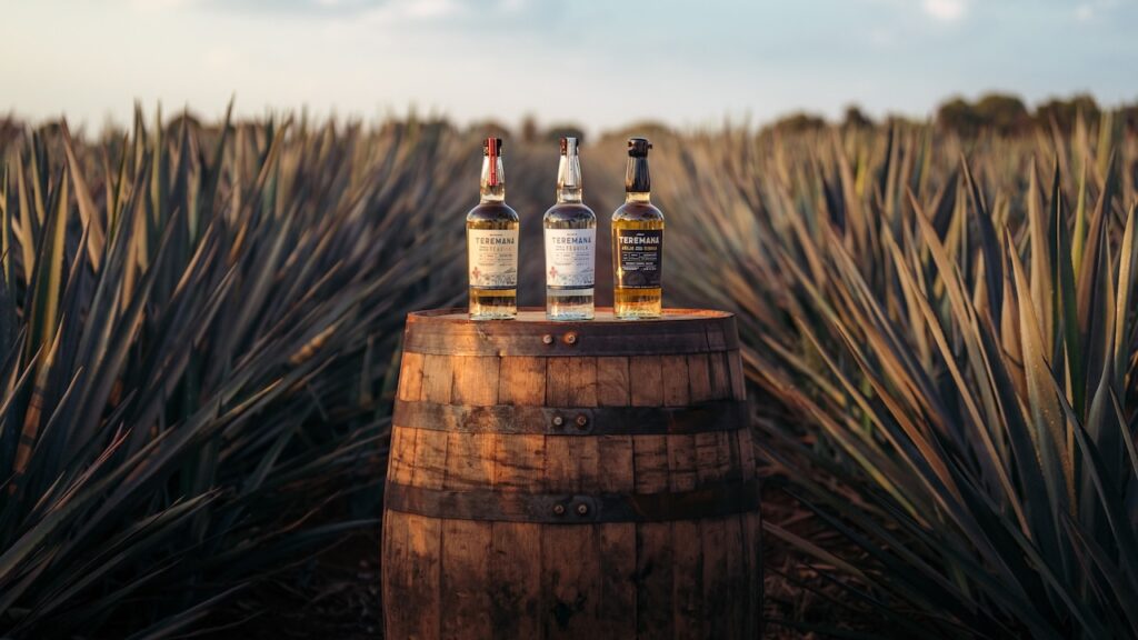 Teremana Tequila spirits on top of a barrel in an agave field